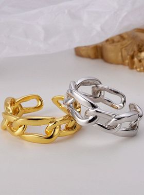 简约设计感s925纯银戒指女ins冷淡风潮人开口镂空链条食指戒