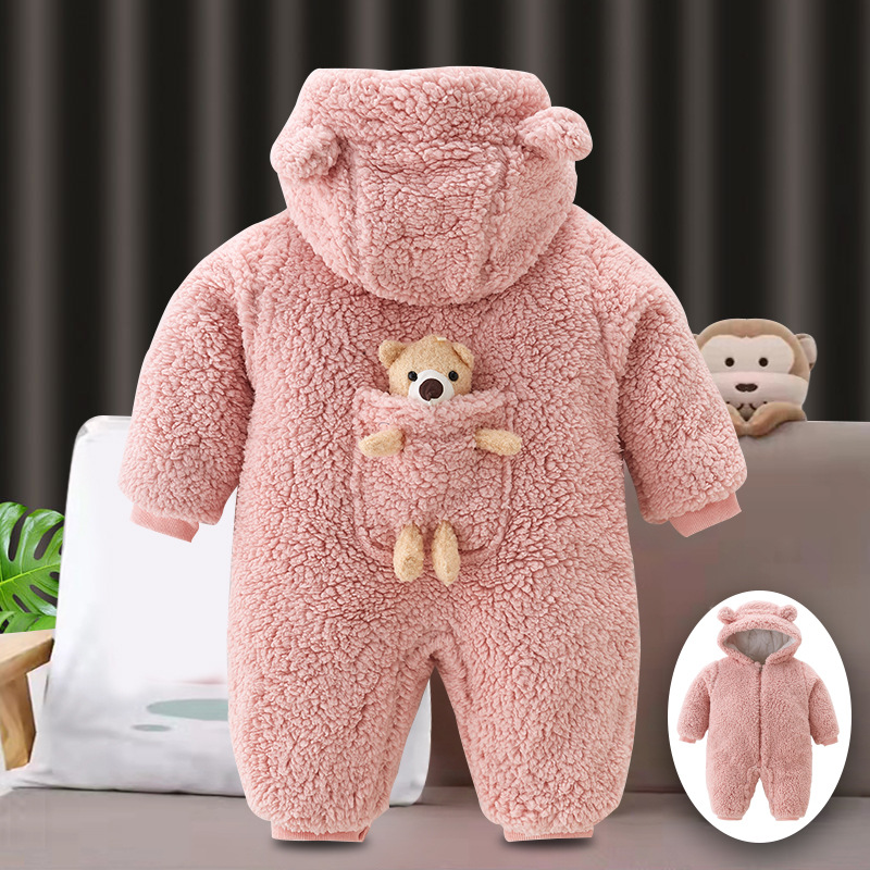 两2三个月婴儿衣服冬季宝宝冬装动物造型羊羔毛连体衣外穿棉衣冬4