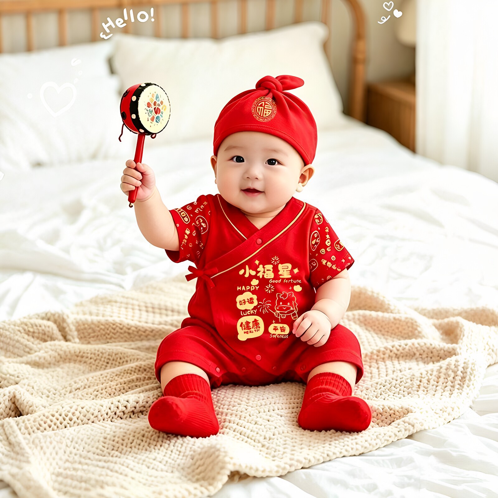 新生婴儿儿衣服马年夏季满月酒宝宝大红色连体衣百天仪式感连体衣