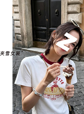 051920~「面包小人刺绣T」韩系！减龄圆领撞色显瘦女士短袖T恤