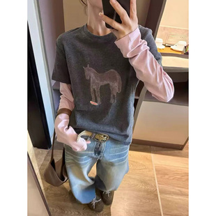 010322~「迎梦粉马」韩系！粉色撞色小马图案假两件长袖T恤