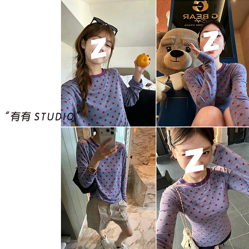 韩系！波点印花显瘦长袖T恤图片