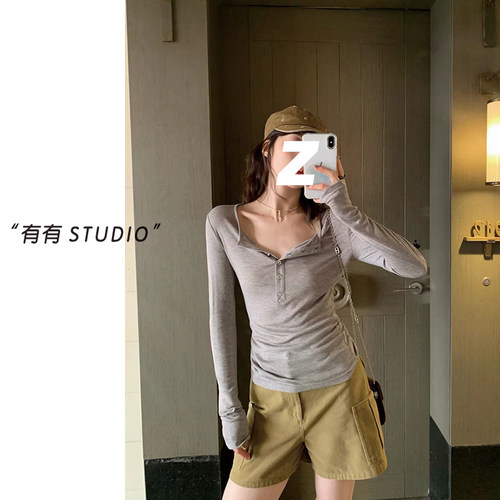 休闲百搭半开扣女士长袖T恤