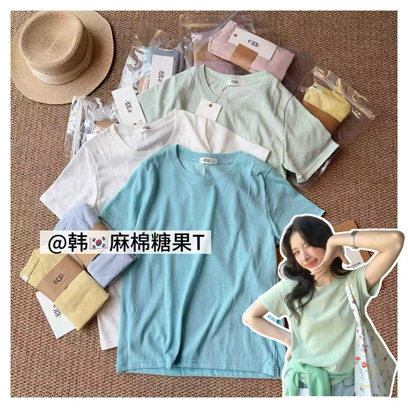 030520~「糖果刺绣麻棉T恤」韩系！简约圆领小刺绣女士短袖T恤