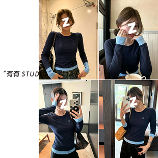 101021~「火柴人撞色暖暖T」韩系秋冬拼色显瘦女士长袖T恤打底衫