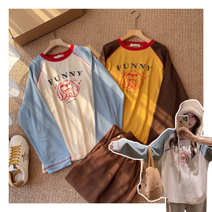 撞色拼接减龄卡通女士长袖 小狗」韩系 T恤 「插肩袖 112621