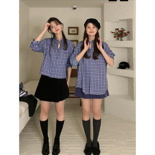 011421~「经典蓝格子」韩国单八奶Polo领刺绣宽松长袖衬衫