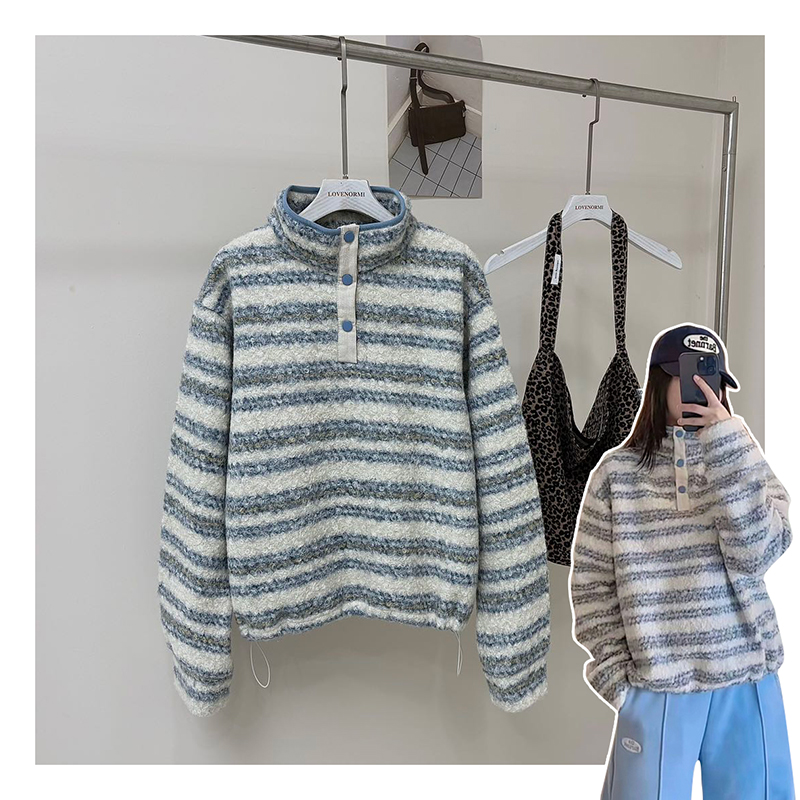 半摁扣条纹撞色休闲女士卫衣