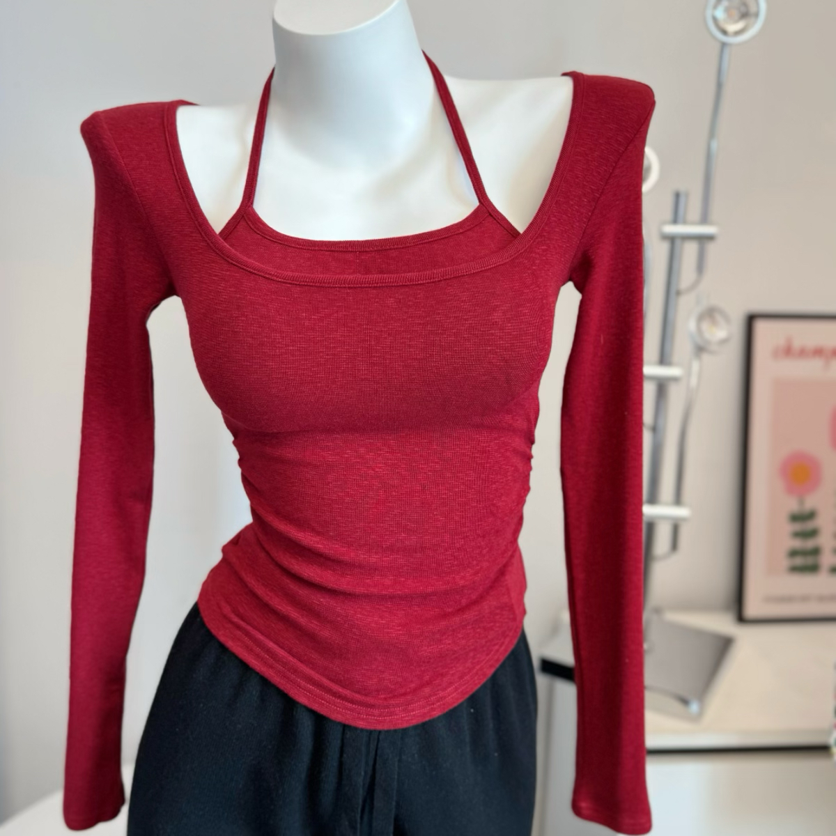 纯欲天菜漫画胸加绒保暖自带胸垫挂脖修身收腰显瘦长袖上衣打底