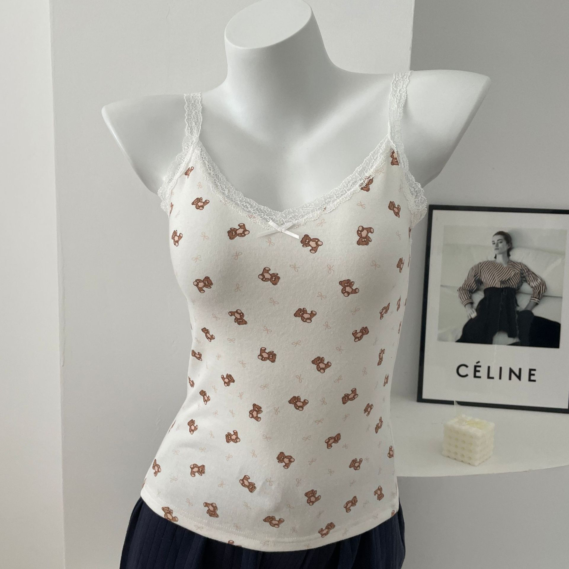 BM风法式新款韩系上衣女春夏内搭背心法式修身短款白色蕾丝吊带