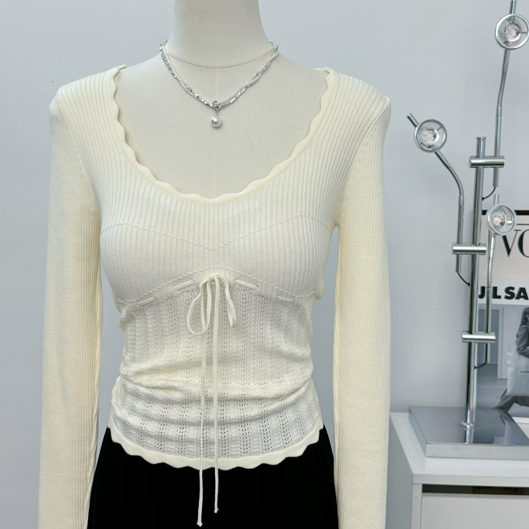 2色入法式复古提花拼接系带秋冬长袖针织衫早秋新款蝴蝶结内搭