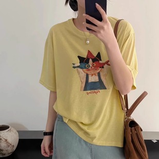 t恤女夏季 韩系卡通小鱼猫咪印花白色短袖 圆领正肩宽松显瘦上衣
