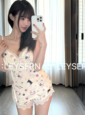 LEYSERN原创猫咪印花kitty性感冰丝纯欲睡衣吊带短裤两件套家居服