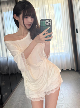 LEYSERN白月光莫代尔睡衣女宽松斜肩蕾丝短袖T恤家居服套装纯欲风
