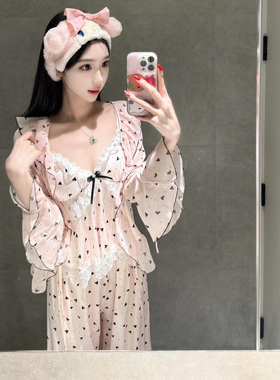 LEYSERN「娇娇美人儿」春夏冰丝三件套睡衣带胸垫纯欲甜美可外穿