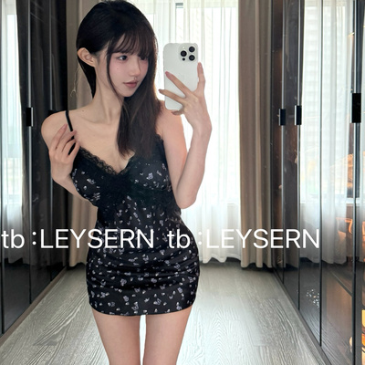 LEYSERN法式恋曲*蕾丝性感紫色蝴蝶冰丝睡裙纯欲风吊带睡衣家居服