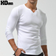 紧身肌肉男健身纯棉内搭潮流春秋款 t恤V领修身 男长袖 螺纹布打底衫