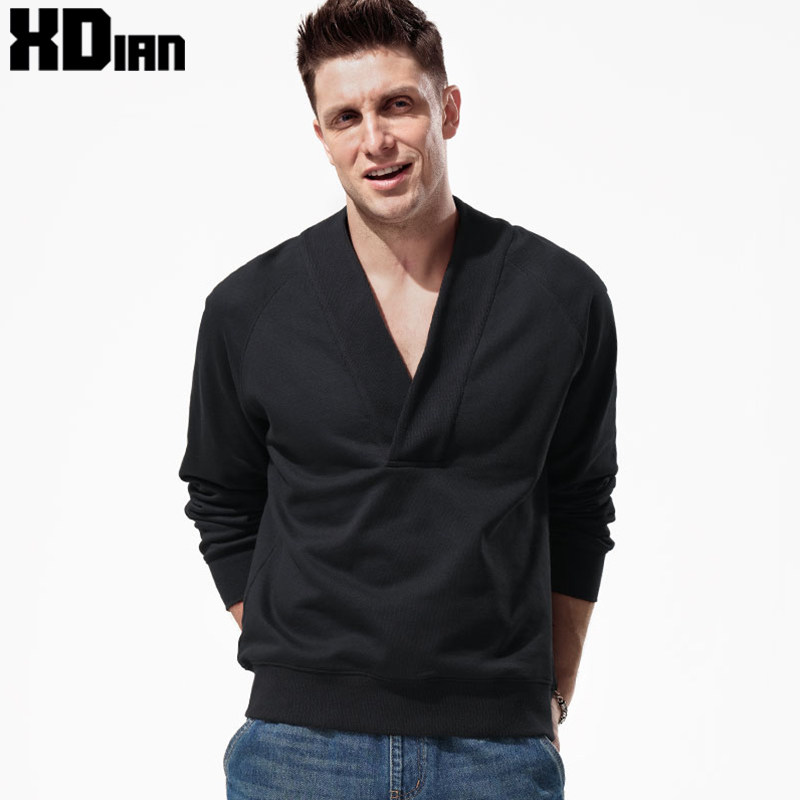 新中式个性大V领长袖t恤男款加厚重磅纯棉宽松复古国风卫衣秋冬季