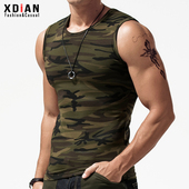 紧身无袖 宽肩打底纯棉修身 t恤外穿运动潮流 迷彩军绿背心男士 夏季