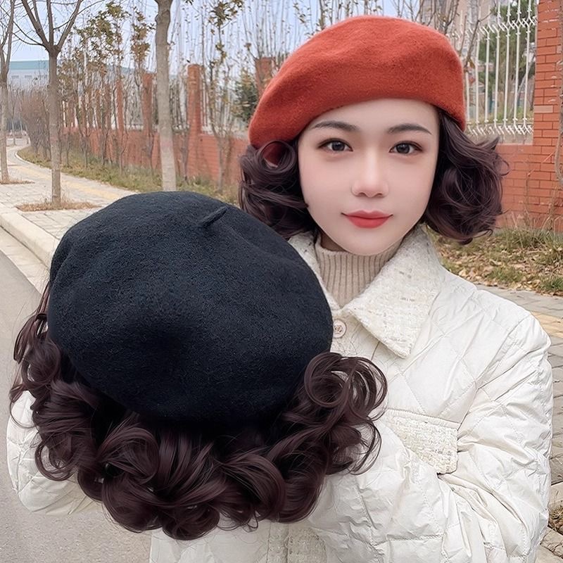 帽子假发女短卷发全头套时尚洋气秋冬贝雷帽假发一体式妈妈款头套