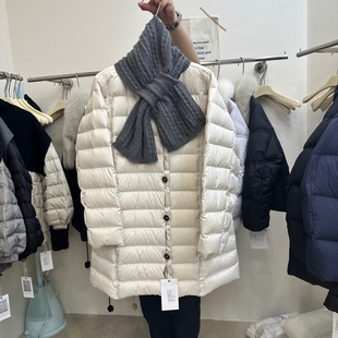 hello家韩系2025冬新款排骨羽绒服女中长款简约无领廓形宽松外套