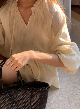 MoreLess 韩单小众ounce法式文艺温柔灯笼袖衬衣花边领长袖衬衫女