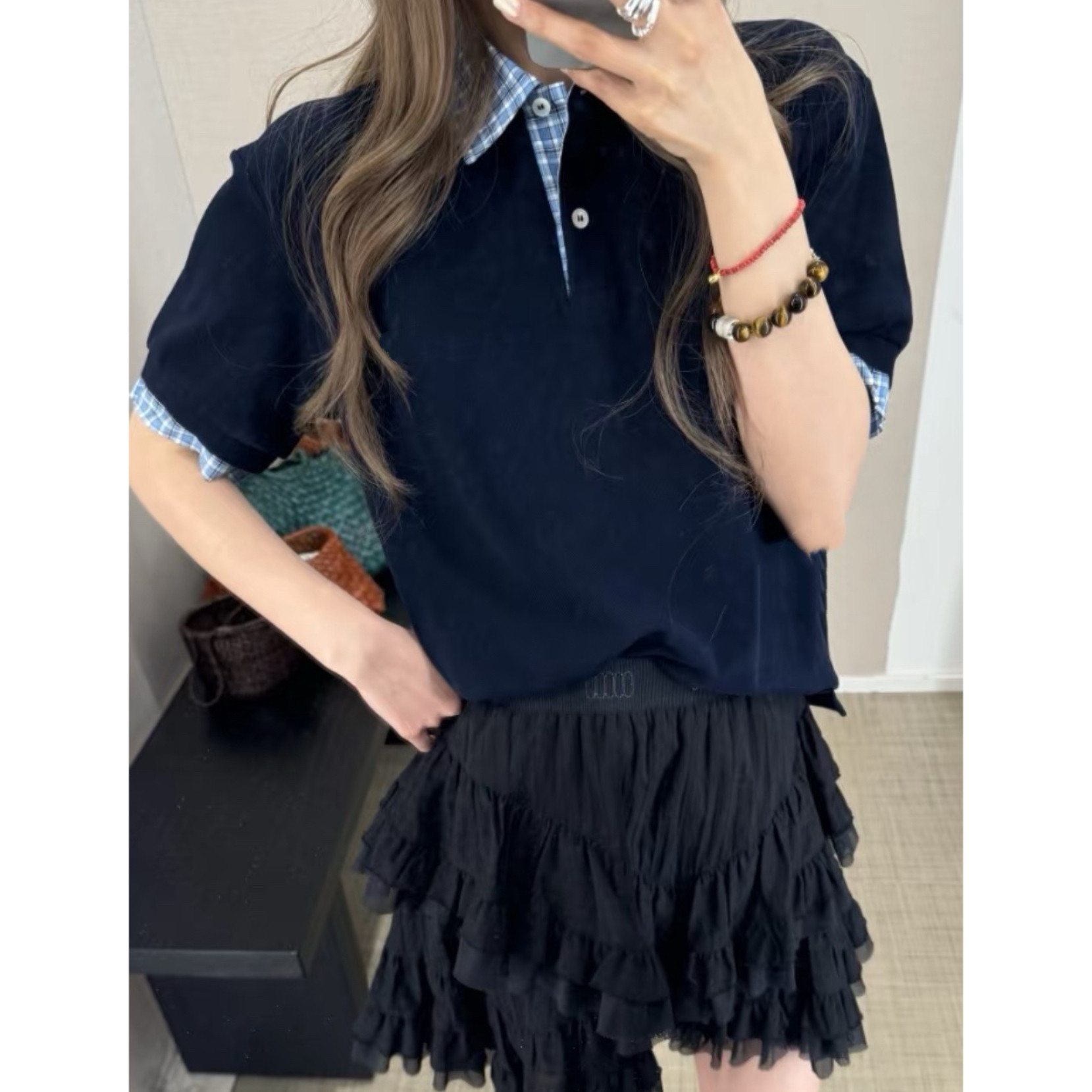 清仓不退换 春夏MIU风字母刺绣假两件拼接短袖polo衫翻领减龄女,女装/女士精品,POLO衫,淘宝优惠券,粉丝福利购,淘宝优惠卷