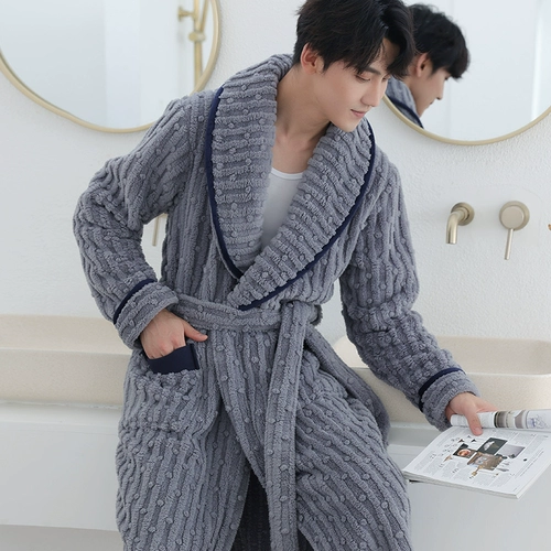 Зимний банный халат, пижама, фланелевый коралловый бархатный длинный лонгслив, увеличенная толщина