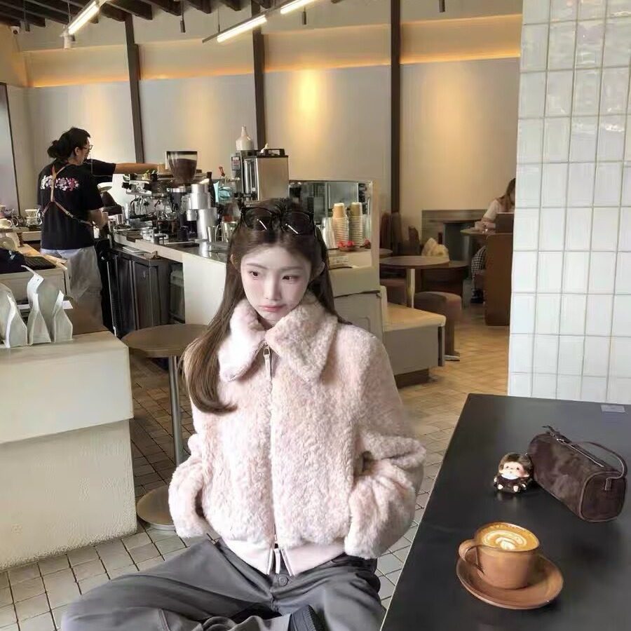 韩系粉色翻领羊羔毛短外套女秋冬小个子温柔气质少女软糯毛毛上衣