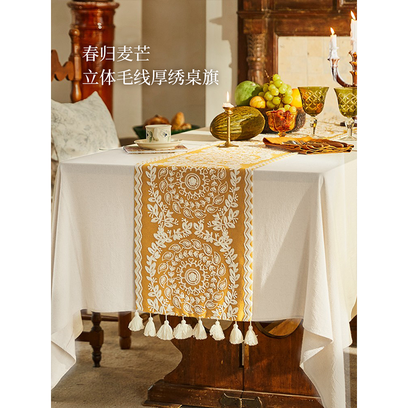蜡笔派春归麦芒桌旗餐桌轻奢高端法式复古禅意台布长条茶几盖布