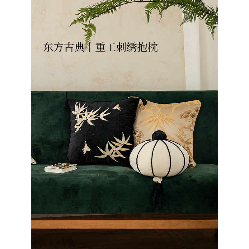 【孤品4折】蜡笔派竹夜刺绣抱枕新中式轻奢高级复古客厅沙发靠垫O