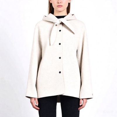 可拆卸帽女士双面羊绒羊毛舒适显气质挺括原色带帽短大衣25017