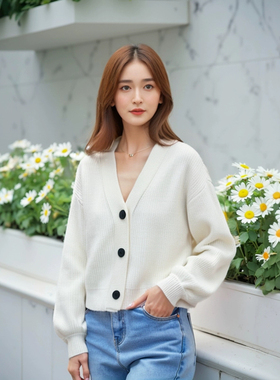长毛秋冬新款羊毛女士针织毛衣V领慵懒感短款毛衣开衫外套10880