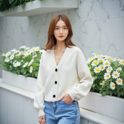 长毛秋冬新款羊毛女士针织毛衣V领慵懒感短款毛衣开衫外套10880