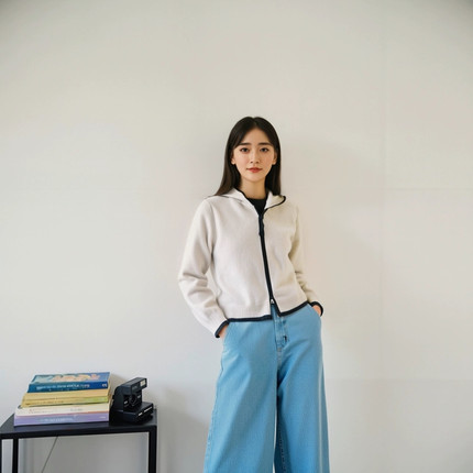 羊毛连帽双拉链拼色针织开衫外套女短款毛衣外套8886