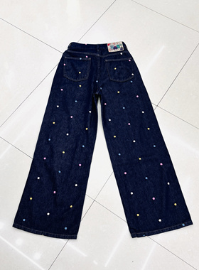 100棉彩色花朵刺绣牛仔拖地长裤女新款阔腿裤子直筒52227