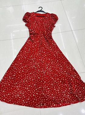 100聚酯女装碎花后背镂空洋气短袖碎花连衣裙86017