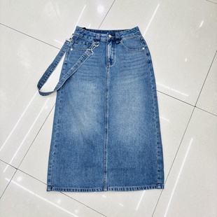 背带后开叉系带高腰牛仔半身裙女5282