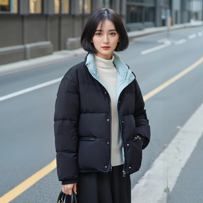 100锦纶充90白鸭绒拼色羽绒服女短款加厚立领面包服外套QS920