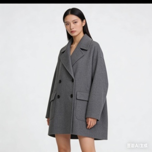 双排扣灰色中长款西装双面羊绒呢子外套气质羊毛大衣潮1177
