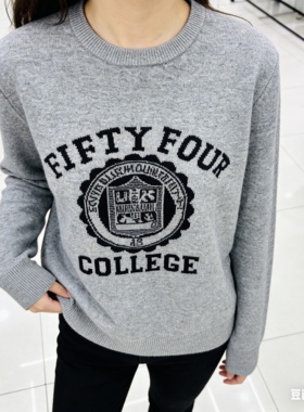 羊毛针织毛衣减龄学院风字母设计圆领长袖上衣女休闲毛衣66761