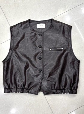 100PU皮马甲女短款圆领黑色无袖柔软蛋白皮马夹外套30515