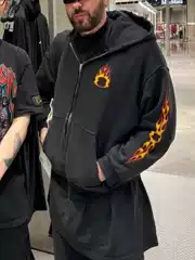 24Fw Autumn and Winter New Double-Ring Flame Logo Straight-Cracked Printed Distressed Washed Destroyed Cardigan Hooded Sweatshirt Jacket