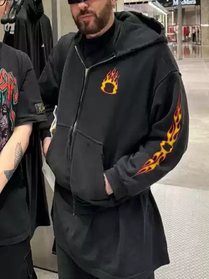 24Fw Autumn and Winter New Double-Ring Flame Logo Straight-Cracked Printed Distressed Washed Destroyed Cardigan Hooded Sweatshirt Jacket
