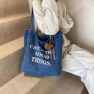 网红原创欧美韩版文艺休闲牛仔袋逛街百搭手提大容量单肩帆布包女