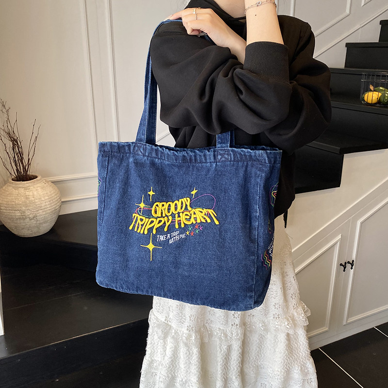 美式复古牛仔帆布包女 ins大容量大学生上课通勤托特包百搭单肩包,箱包皮具/热销女包/男包,托特包,淘宝优惠券,粉丝福利购,淘宝优惠卷