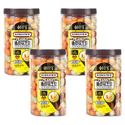 潮巴爷鱼皮花生豆308Gx4件实惠装办公室零食啤酒下酒菜酥脆花生仁