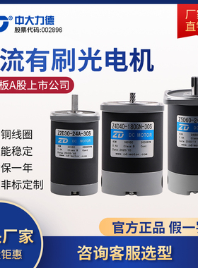 ZD中大力德直流有刷光电机 10W-300W功率微小型24V高低压减速马达