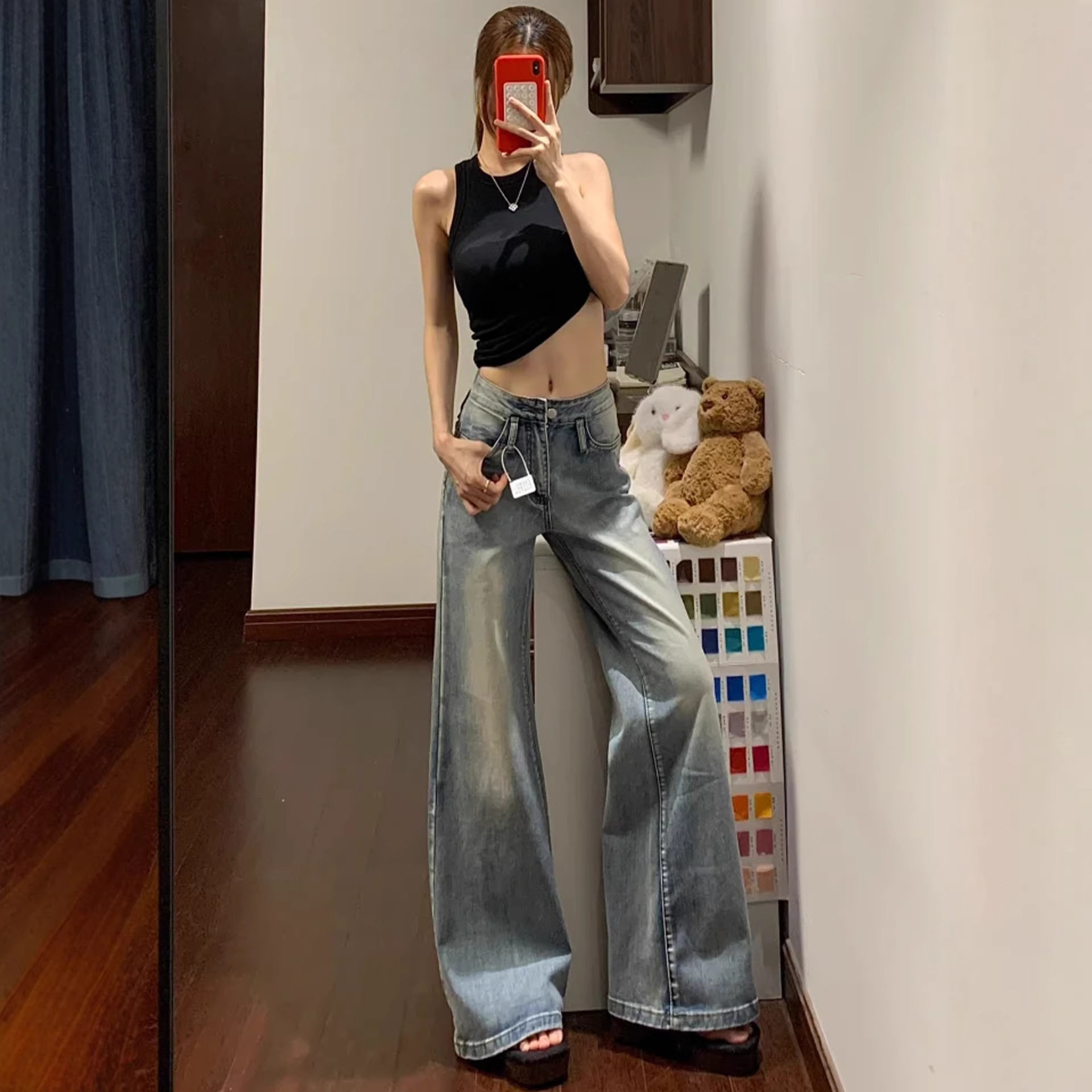 拉夏家美式复古微喇牛仔裤女2026秋冬新款低腰辣妹宽松喇叭裤女裤