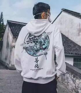 无上菩提连帽卫衣男仙鹤中国风长袖男秋冬季韩版潮流宽松纯棉外套